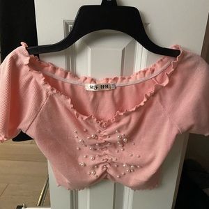 Pink cropped off the shoulder shirt